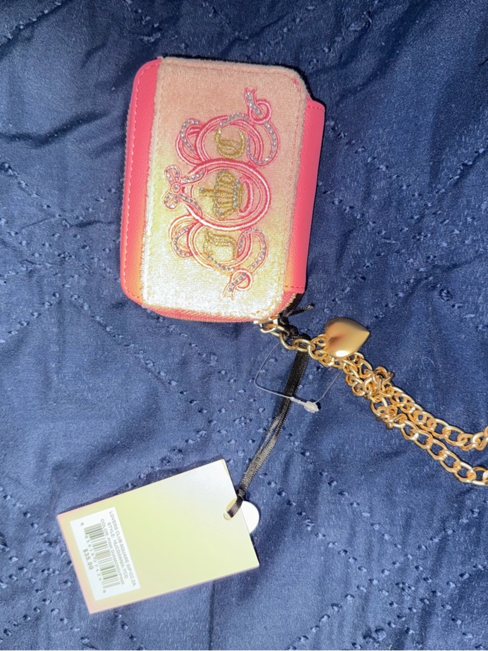 Juicy Couture Pink Mini Card Wallet with Gold Chain and Heart Charm